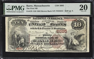 image for: Barre, Massachusetts. $10 1882 Brown Back. Fr. 479. First NB. Charter #2685. PMG Very Fine 20.