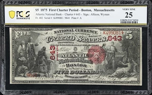 image for: Boston, Massachusetts. $5 1875. Fr. 402. Atlantic NB. Charter #643. PCGS Banknote Very Fine 25.