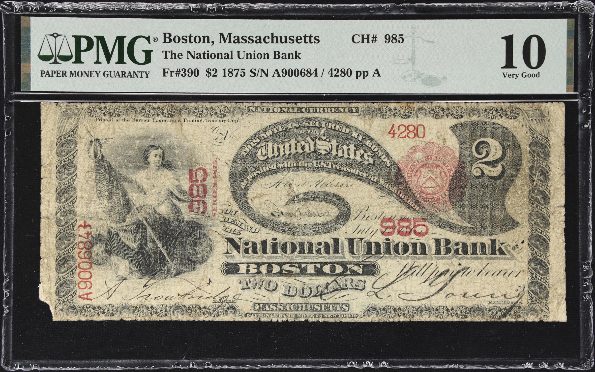 image for: Boston, Massachusetts. $2 1875. Fr. 390. National Union Bank. Charter #985. PMG Very Good 10.