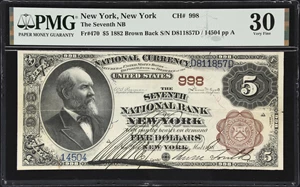 image for: New York, New York. 1882 Brown Back $5 Fr. 470. Seventh NB. Charter #998. PMG Very Fine 30.