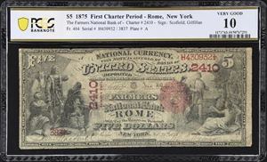 image for: Rome, New York. 1875 $5 Fr. 404. Farmers NB. Charter #2410. PCGS Banknote Very Good 10.