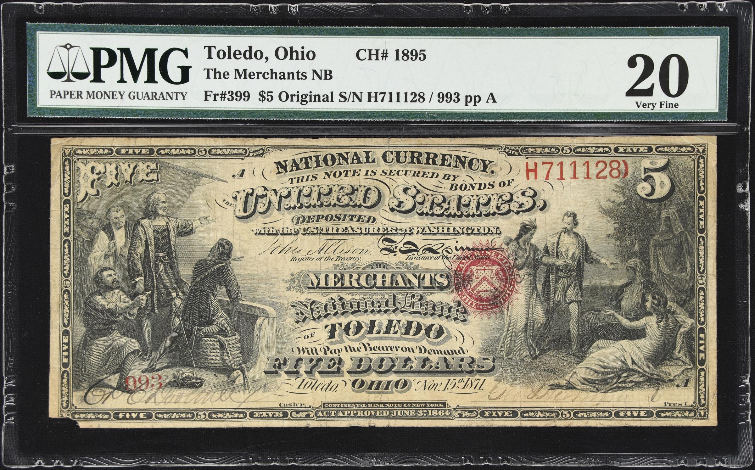 image for: Toledo, Ohio. $5 Original. Fr. 399. Merchants NB. Charter #1895. PMG Very Fine 20.
