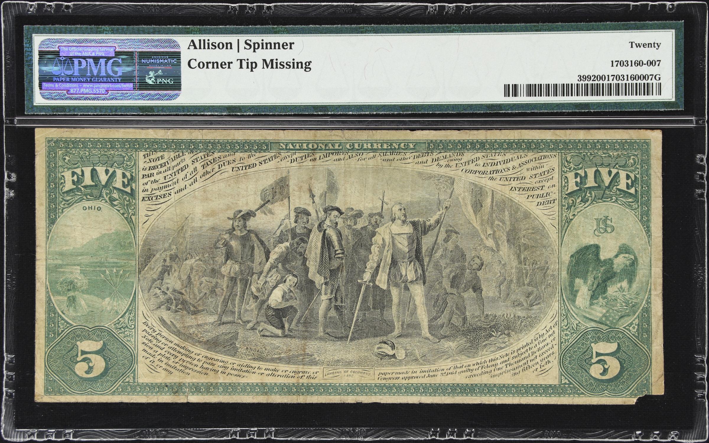 image for: Toledo, Ohio. $5 Original. Fr. 399. Merchants NB. Charter #1895. PMG Very Fine 20.