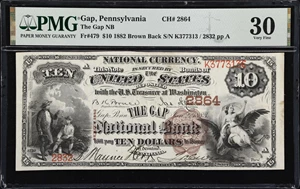 image for: Gap, Pennsylvania. $10 1882 Brown Back. Fr. 479. Gap NB. Charter #2864. PMG Very Fine 30.