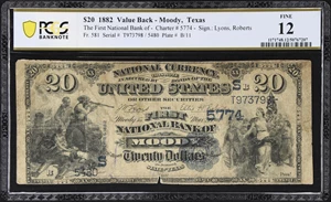 image for: Moody, Texas. $20 1882 Value Back. Fr. 581. First NB. Charter #5774. PCGS Banknote Fine 12.