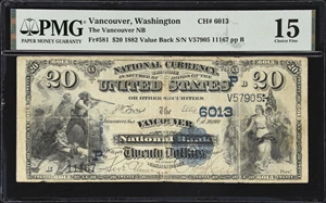 image for: Vancouver, Washington. $20 1882 Value Back. Fr. 581. Vancouver NB. Charter #6013. PMG Choice Fine 15.