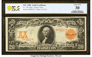 image for: Fr. 1181 $20 1906 Gold Certificate PCGS Banknote Very Fine 30....