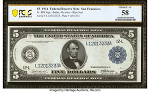 image for: Fr. 888 $5 1914 Federal Reserve Note PCGS Banknote Choice AU 58....