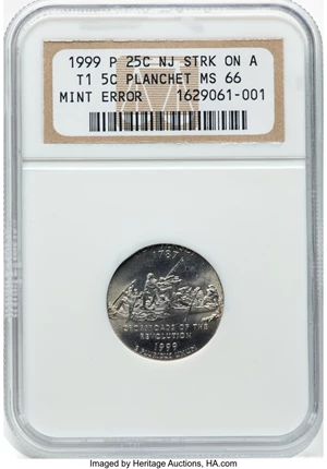 image for: 1999-P 25C New Jersey Quarter -- Struck On A T1 5C Planchet -- MS66 NGC....