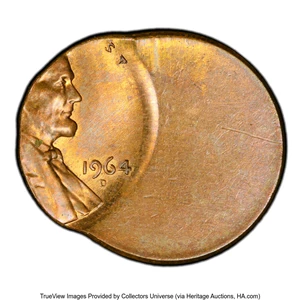 image for: 1964-D 1C Lincoln Cent -- Struck 60% Off-Center, Reverse Lamination -- MS63 Red and Brown PCGS. PCGS Population: (35/43 and...