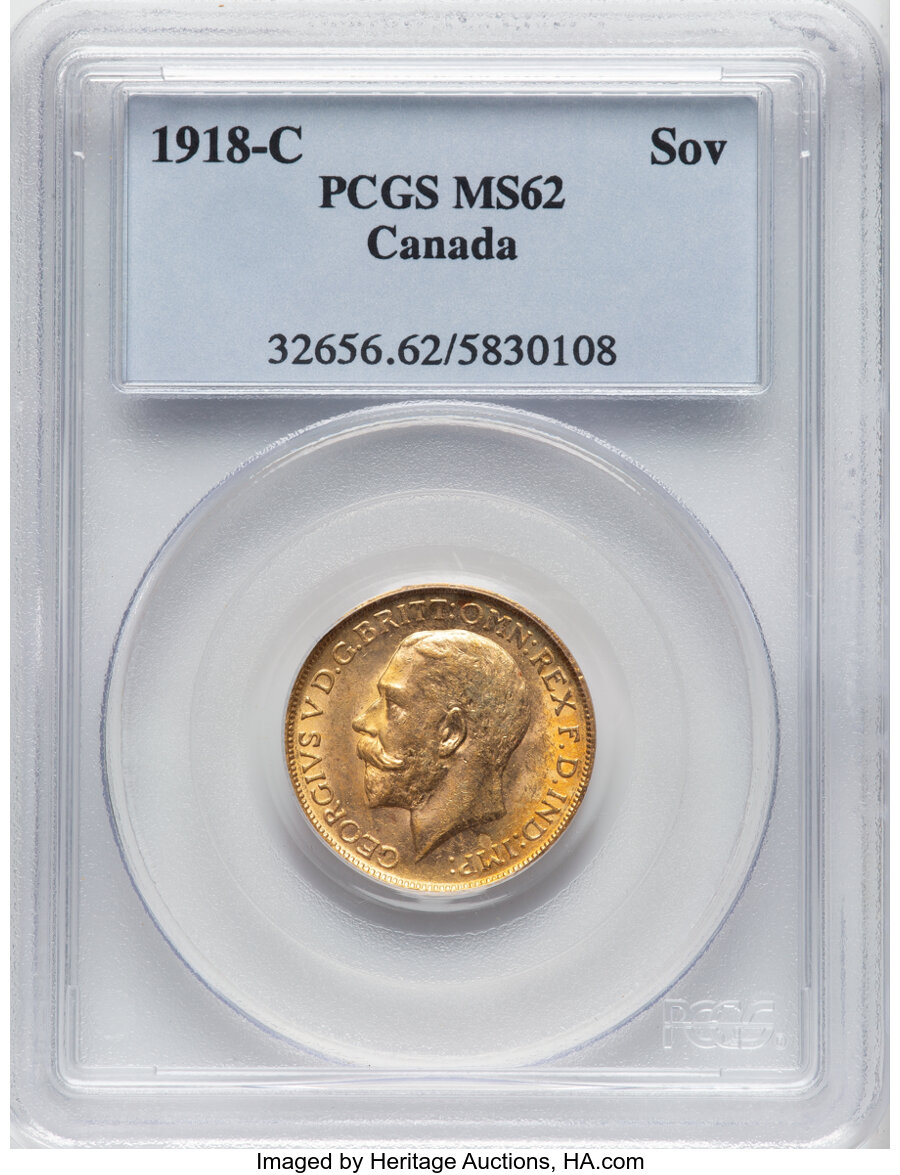 image for: Canada: George V gold Sovereign 1918-C MS62 PCGS,...