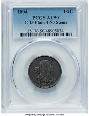 image for: 1804 1/2 C Plain 4, No Stems, C-13, B-10, R.1, AU50 PCGS. PCGS Population: (114/438). Mintage 1,055,312....