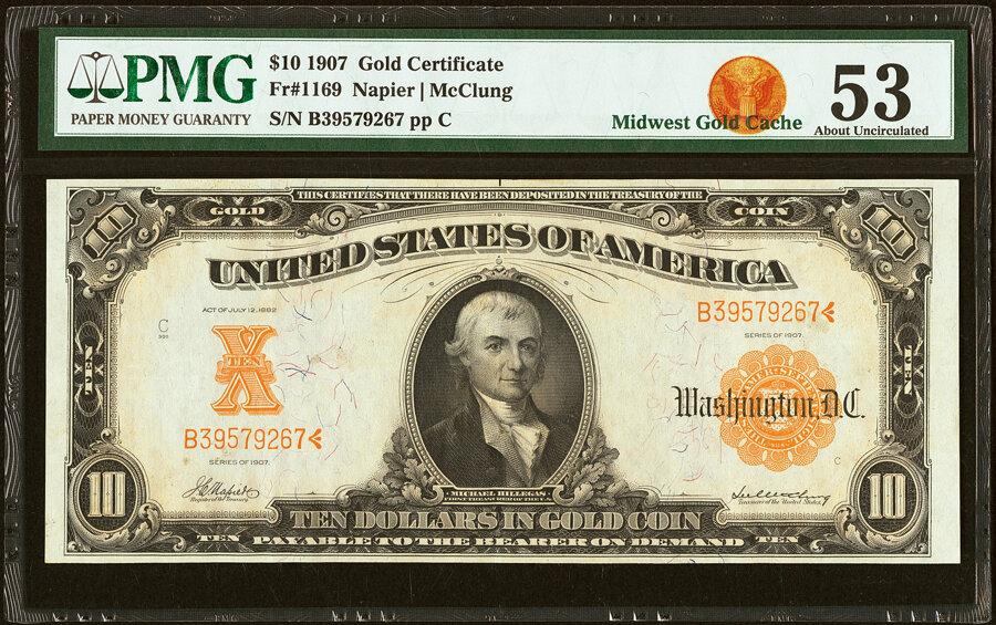 image for: Fr. 1169 $10 1907 Gold Certificate PMG About Uncirculated 53....