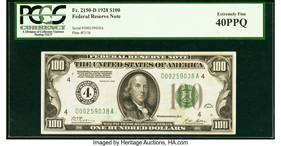 image for: Fr. 2150-D $100 1928 Federal Reserve Note. PCGS Extremely Fine 40PPQ....