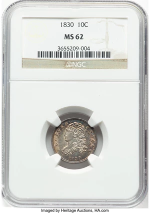 image for: 1830 10C Medium 10C, JR-6, R.2, MS62 NGC. NGC Census: (22/62). Mintage 510,000....