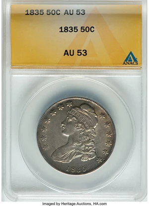 image for: 1835 50C O-105, R.2, AU53 ANACS. Mintage 5,352,006....