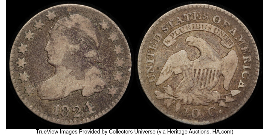 image for: 1824/2 10C Flat Top 1, JR-1, R.1, VG8 PCGS. PCGS Population: (57/149 and 0/1+).  Mintage 510,000....