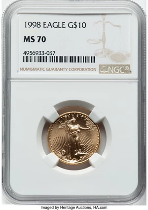image for: 1998 $10 Quarter-Ounce Gold Eagle MS70 NGC. Mintage 309,829. ...