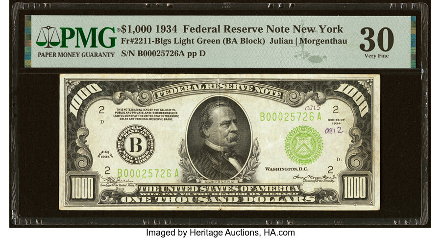 image for: Fr. 2211-B $1,000 1934 Light Green Seal Federal Reserve Note. PMG Very Fine 30....