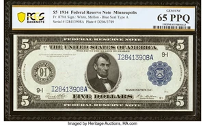 image for: Fr. 879A $5 1914 Federal Reserve Note PCGS Banknote Gem Unc 65 PPQ....