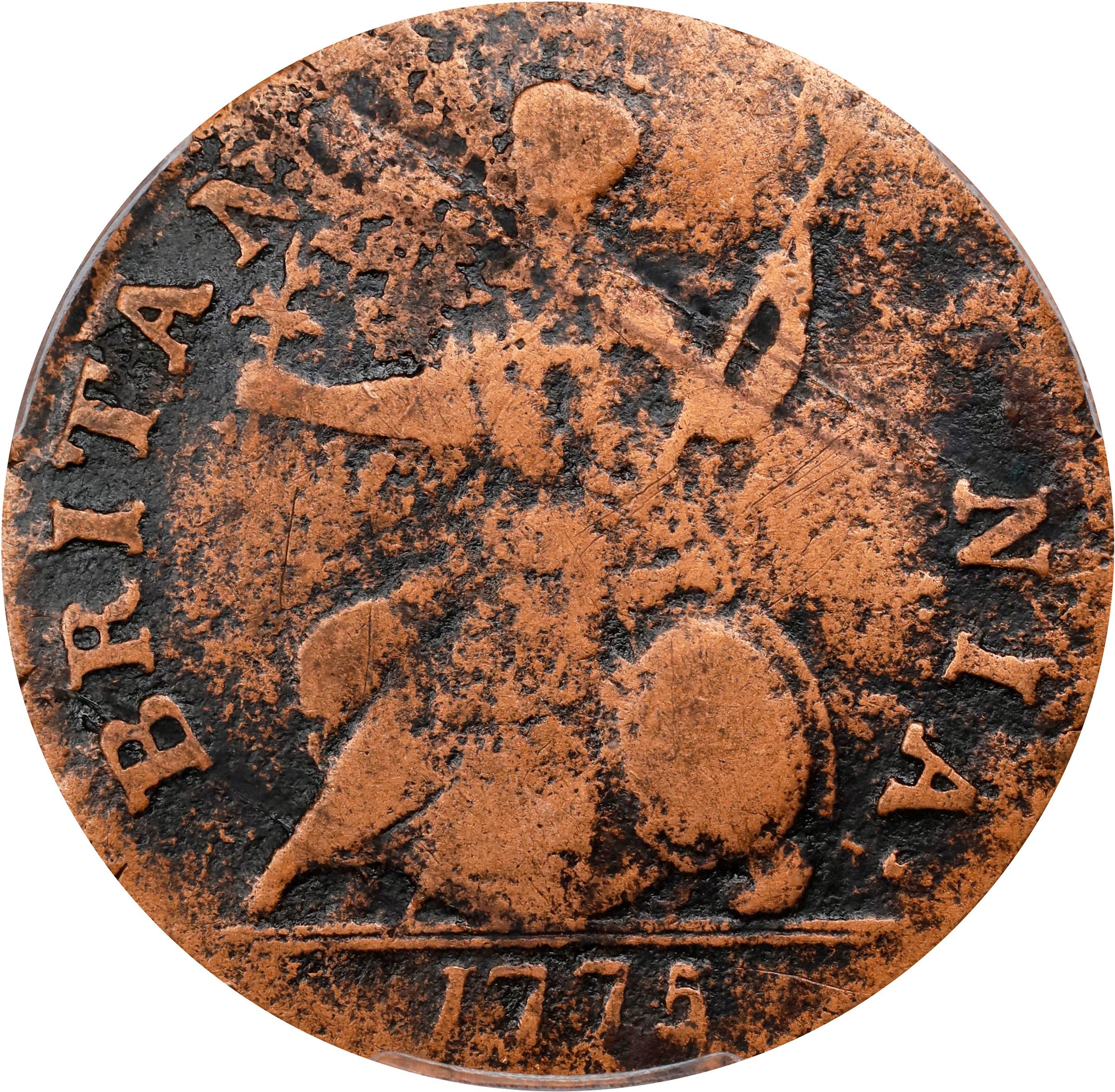 image for: 1775 Machin's Mills Halfpenny. Vlack 4-75A, W-7780. Rarity-4. GEORGIVS III, Group I. Fine Details--Environmental Damage (PCGS).