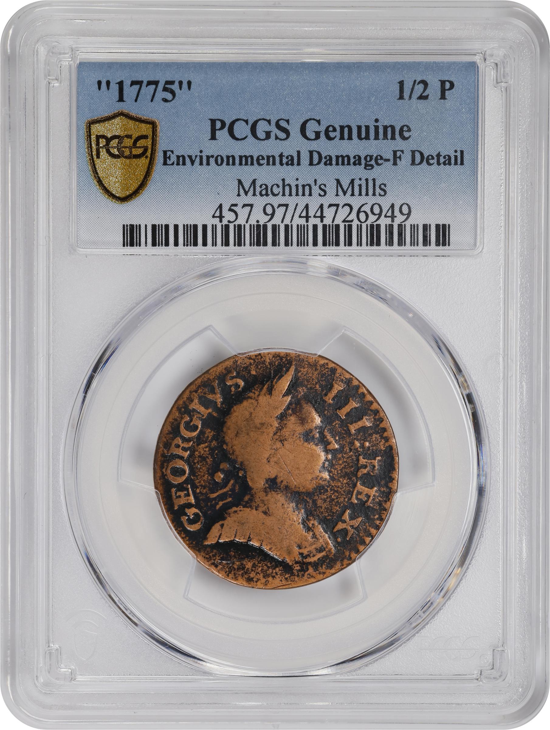 image for: 1775 Machin's Mills Halfpenny. Vlack 4-75A, W-7780. Rarity-4. GEORGIVS III, Group I. Fine Details--Environmental Damage (PCGS).
