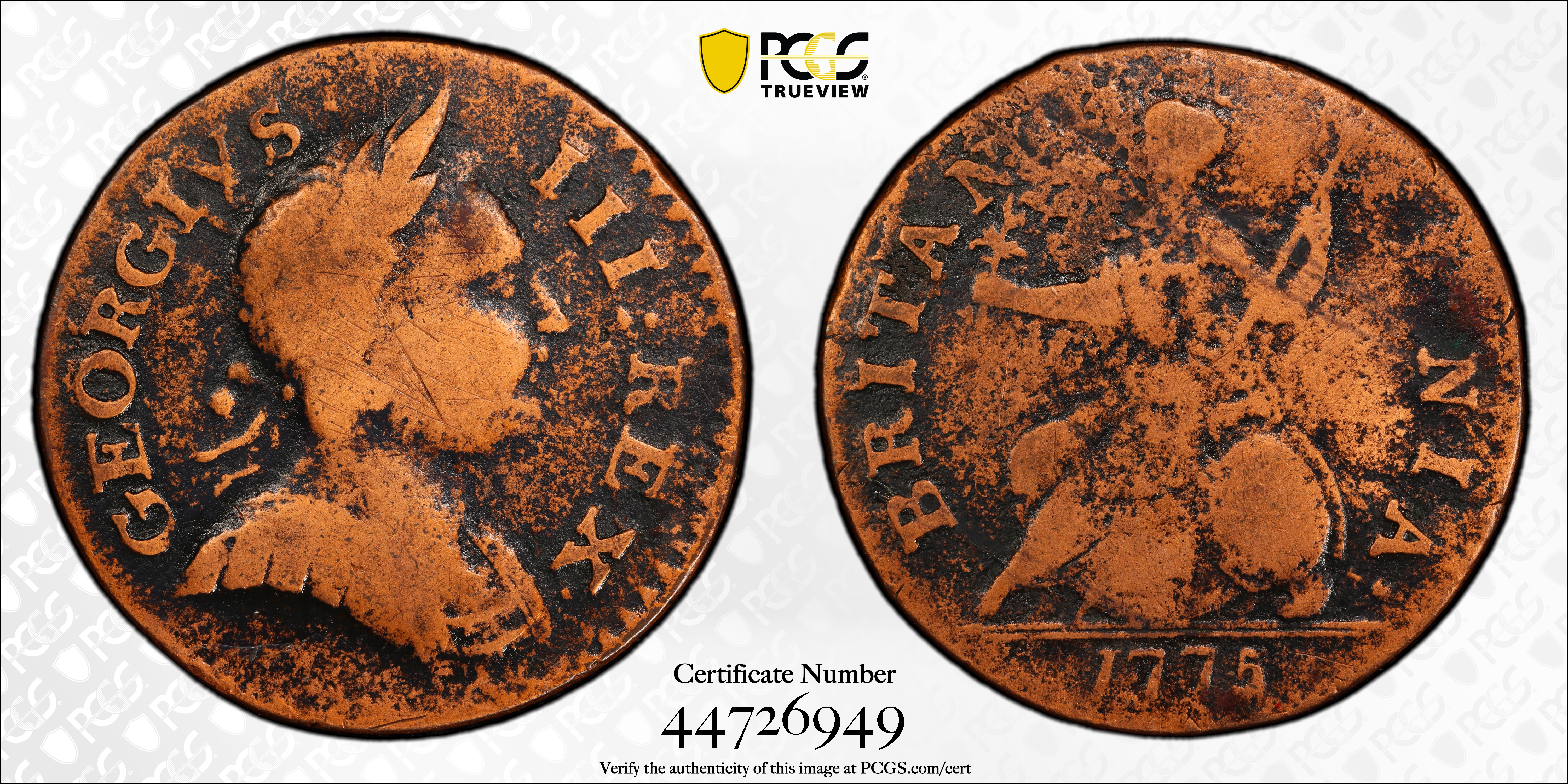 image for: 1775 Machin's Mills Halfpenny. Vlack 4-75A, W-7780. Rarity-4. GEORGIVS III, Group I. Fine Details--Environmental Damage (PCGS).