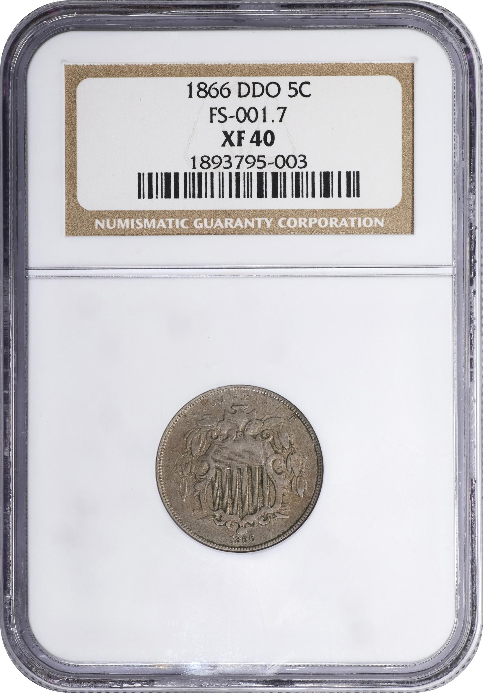 image for: 1866 Shield Nickel. Doubled Die Obverse. EF-40 (NGC).