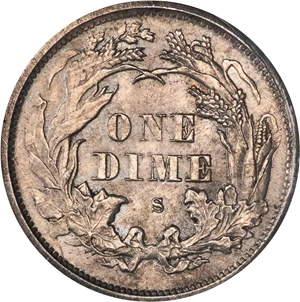 image for: 1875-S Liberty Seated Dime. Mintmark Above Bow. MS-60 Details--Cleaned (ANACS).