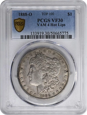 image for: 1888-O Morgan Silver Dollar. VAM-4. Top 100 Variety. Doubled Die Obverse, Hot Lips. VF-30 (PCGS).