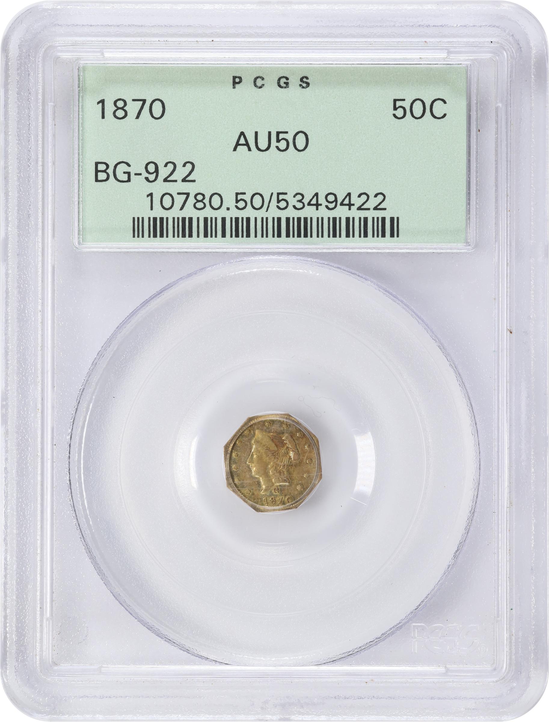 image for: 1870-G Octagonal 50 Cents. BG-922. Rarity-3. Liberty Head. AU-50 (PCGS). OGH.