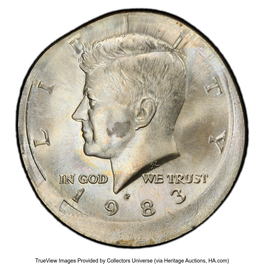 image for: 1983-P 50C Kennedy Half Dollar -- Struck 10% Off-Center -- MS65 PCGS. PCGS Population: (151/192 and 2/16+). NGC Census: (28...