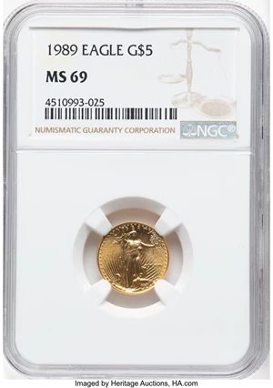 image for: 1989 $5 Tenth-Ounce Gold Eagle MS69 NGC. Mintage 264,790. ...