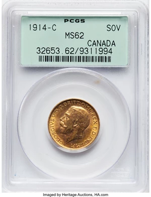 image for: Canada: George V gold Sovereign 1914-C MS62 PCGS,...