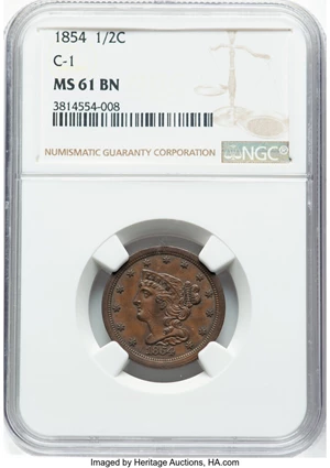 image for: 1854 1/2 C C-1, B-1, R.1, MS61 Brown NGC. NGC Census: (59/530). Mintage 55,358....