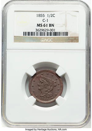 image for: 1855 1/2 C C-1, B-1, R.1, MS61 Brown NGC. NGC Census: (59/587)....