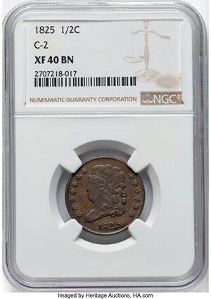 image for: 1825 1/2 C C-2, B-2, R.1, XF40 NGC. NGC Census: (4/33). Mintage 63,000....