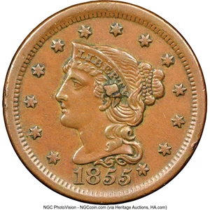 image for: 1855 1C Slanted 55, Knob Ear, N-9, R.1, AU55 NGC. Rev. Dr. James G. K. McClure. NGC Census: (32/104). PCGS Population: (6/1...