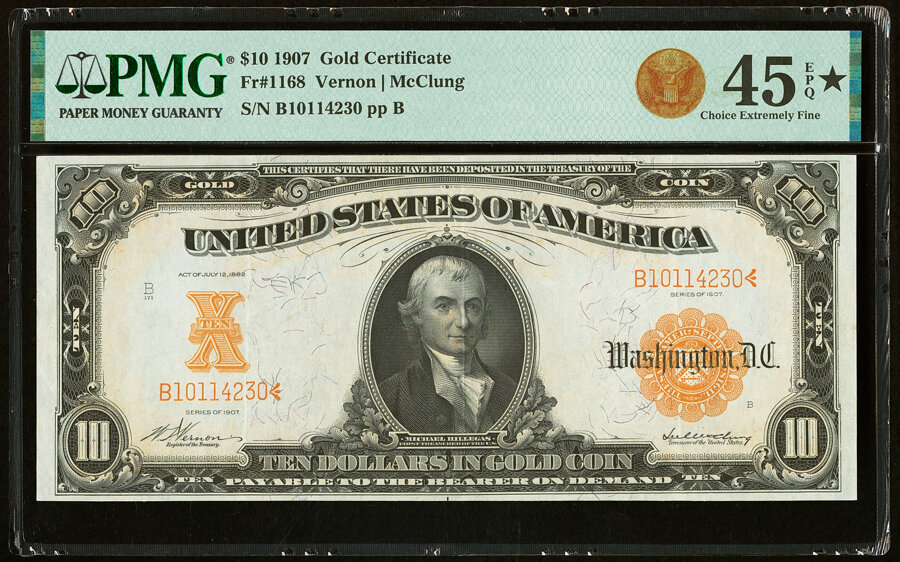 image for: Fr. 1168 $10 1907 Gold Certificate PMG Choice Extremely Fine 45 EPQ*....