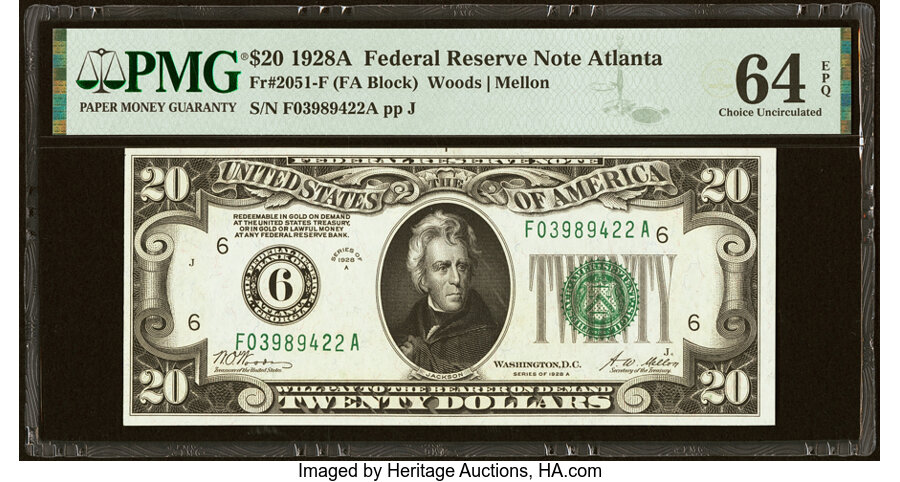 image for: Fr. 2051-F $20 1928A Federal Reserve Note. PMG Choice Uncirculated 64 EPQ....
