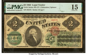 image for: Fr. 41 $2 1862 Legal Tender PMG Choice Fine 15....