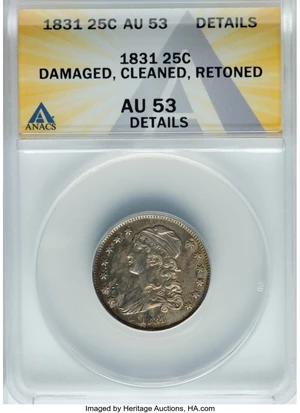 image for: 1831 25C Large Letters, B-5, FS-301, R.3 -- Cleaned, Damaged, Retoned -- ANACS Details. AU53. Mintage 398,000....