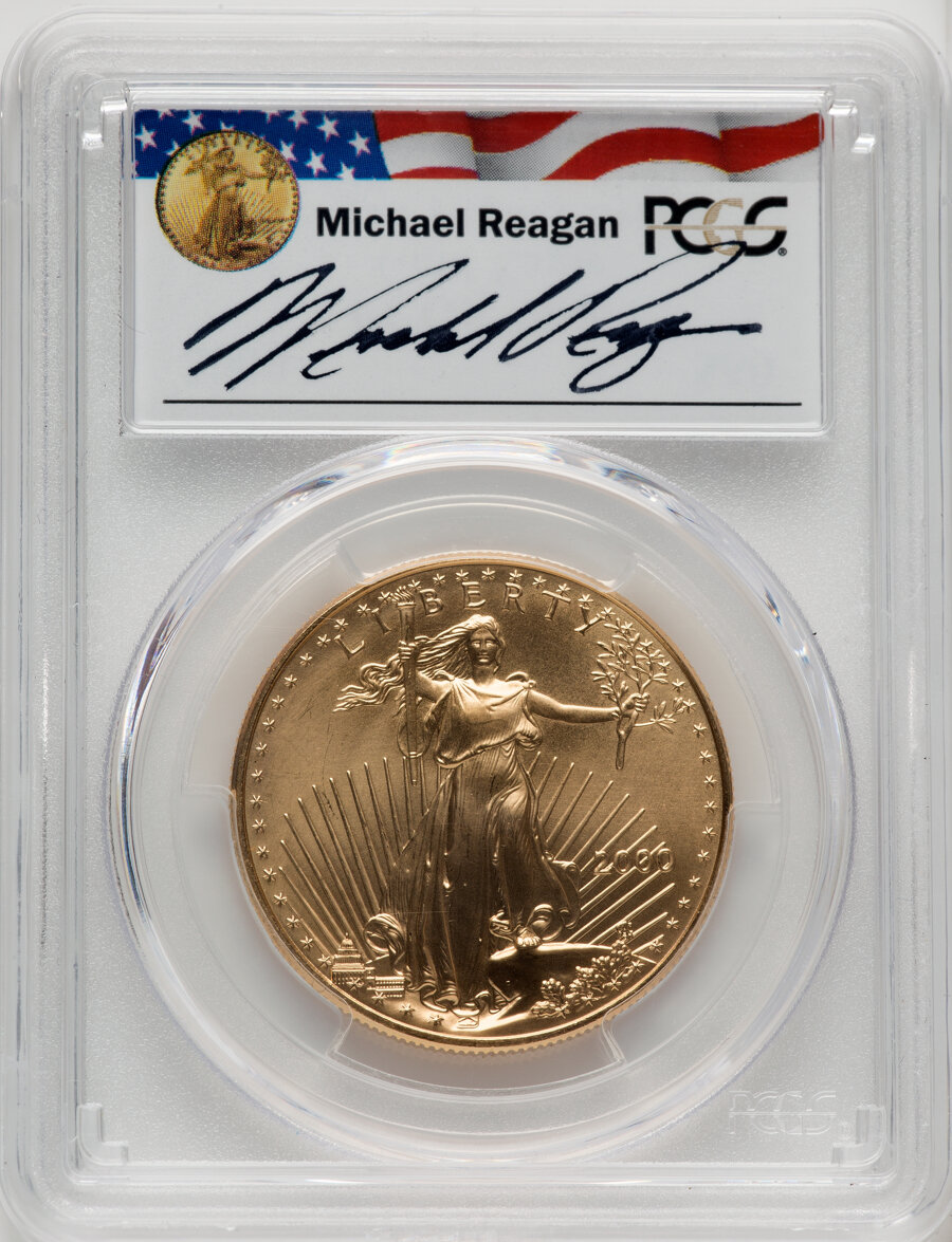 image for: 2000 $50 One-Ounce Gold Eagle, Reagan Legacy Series, Michael Reagan Signature MS69 PCGS. PCGS Population: (83/0)....
