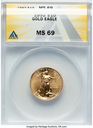 image for: 1992 $10 Quarter-Ounce Gold Eagle MS69 ANACS. Mintage 59,546. ...