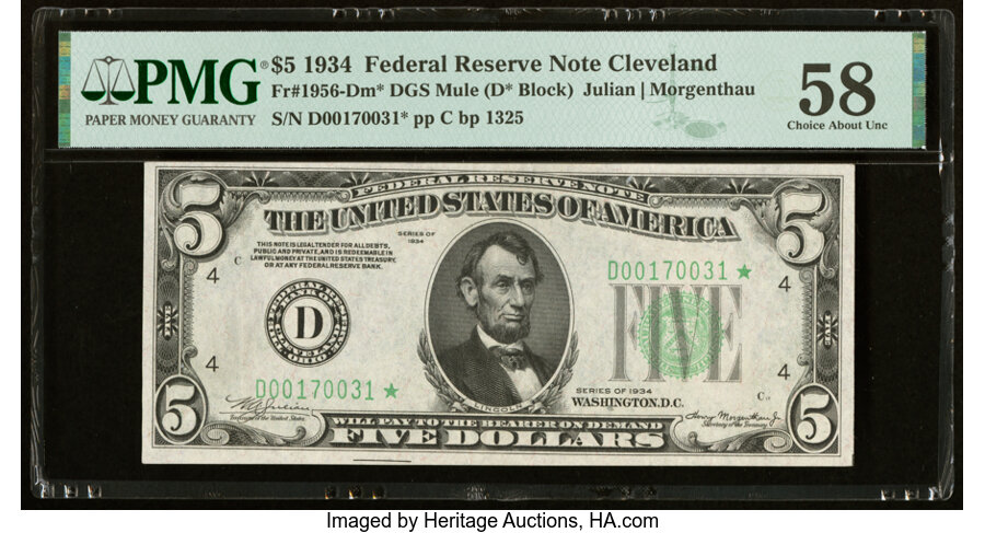 image for: Fr. 1956-D* $5 1934 Mule Federal Reserve Star Note. PMG Choice About Uncirculated 58....