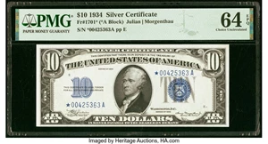 image for: Fr. 1701* $10 1934 Silver Certificate Star. PMG Choice Uncirculated 64 EPQ....