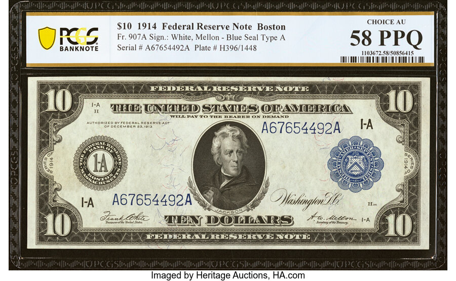 image for: Fr. 907a $10 1914 Federal Reserve Note PCGS Banknote Choice AU 58 PPQ....