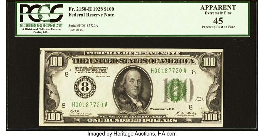 image for: Fr. 2150-H $100 1928 Federal Reserve Note. PCGS Apparent Extremely Fine 45....