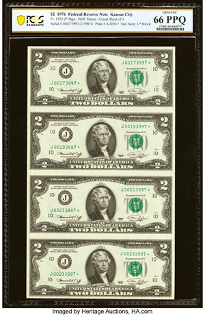image for: Fr. 1935-J* $2 1976 Federal Reserve Notes. Uncut Sheet of Four. PCGS Banknote Gem Unc 66 PPQ....