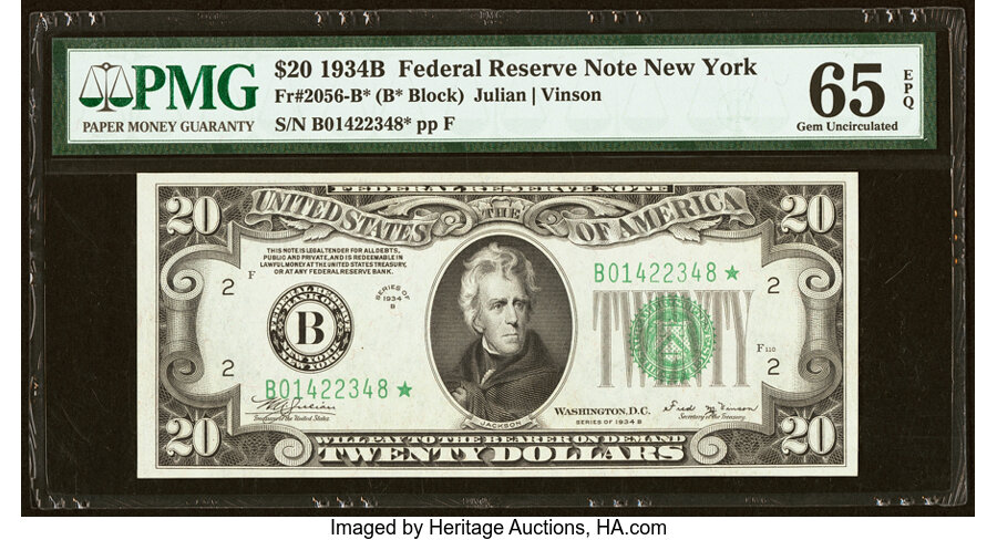 image for: Fr. 2056-B* $20 1934B Federal Reserve Star Note. PMG Gem Uncirculated 65 EPQ....
